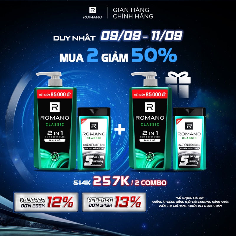 Tắm gội 2in1 Romano 2in1 Classic 900g + Dầu gội sạch gàu Classic 180g