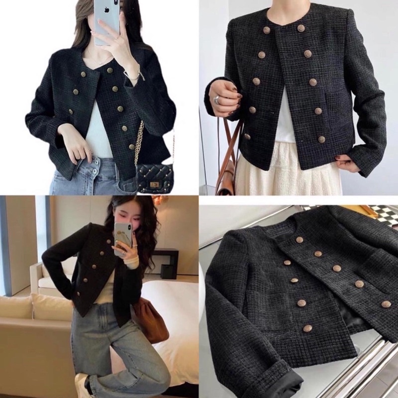 Áo dạ dạ tweed cúc đồng đứng form sang chảnh