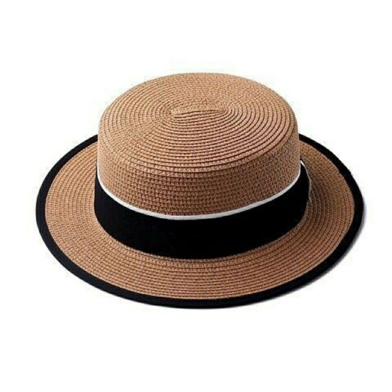 Nón nữ đi biển đẹp mũ cói vành nhỏ đai đen trắng viền đen panama Lh0917399527