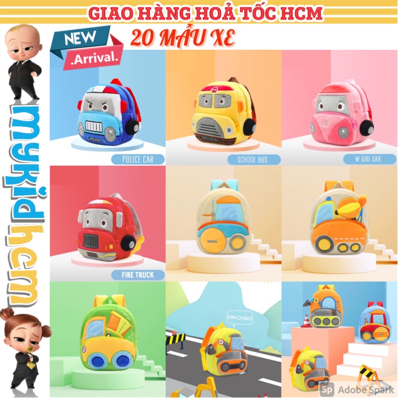 BALO MẪU GIÁO NEW 2024 hình xe oto POLICE SHOOL BUS FIRE TRUCK XE XÚC XE ỦI XE LU chất nhung mịn, chống gù lưng cho bé