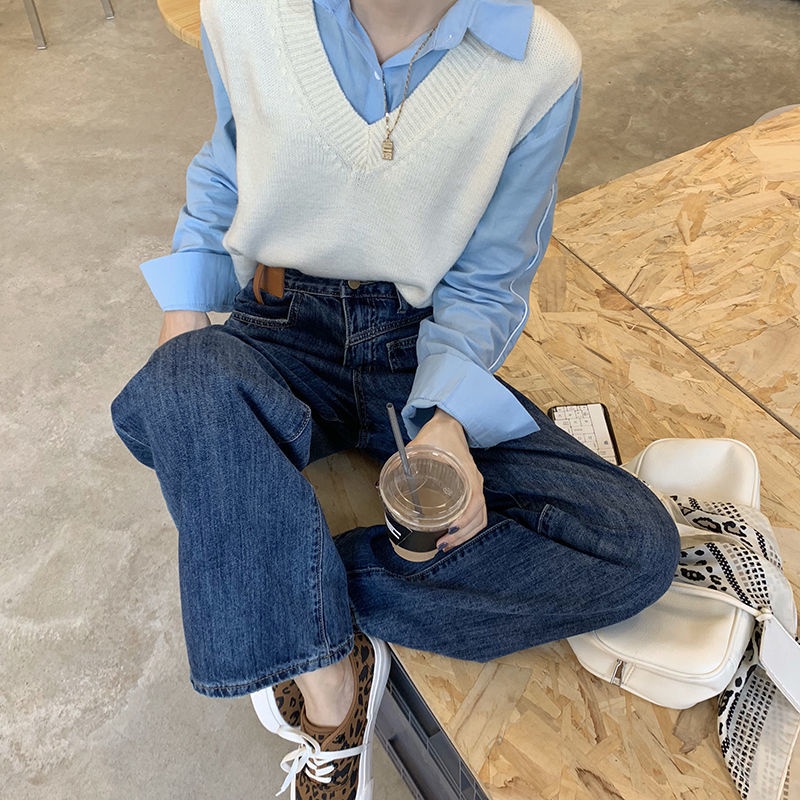 Quần jean dài XIAOZHAINV ống rộng lưng cao phong cách vintage cá tính cho nữ