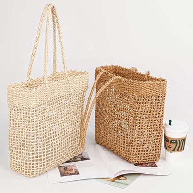 Giỏ cói Tote vuông đeo vai - đan lưới caro thưa - phong cách Vintage