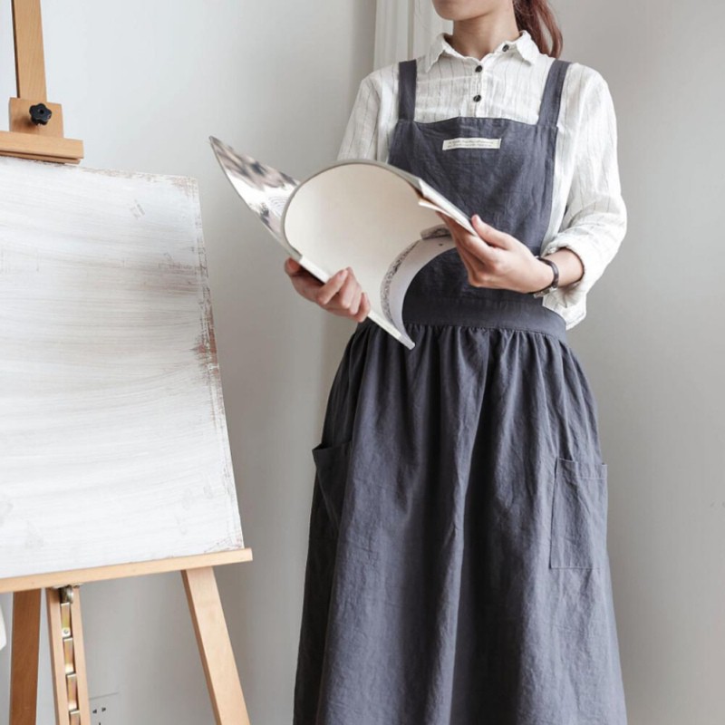 Tạp Dề cotton linen Dài Xếp Ly Đơn Giản Phong Cách Nhật Bản