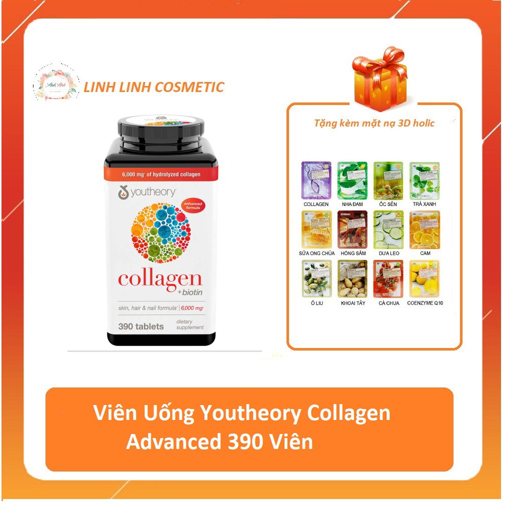 (tặng kèm mặt nạ 3D) date 6/2023 - Viên Uống Youtheory Collagen Advanced 390 Viên collagen Type 1,2&3