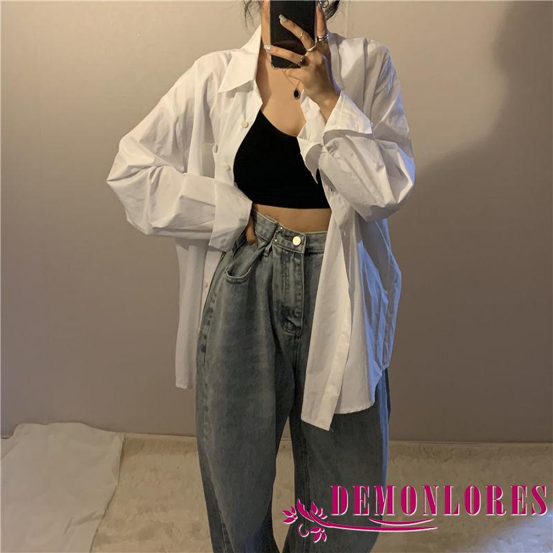 Áo Sơ Mi Tay Dài Cổ Bẻ Dáng Rộng Màu Sắc Đơn Giản Thời Trang Mùa Thu Cho Nữ