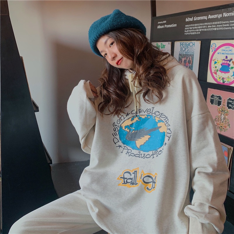 SUXI Áo Hoodie Tay Dài Dáng Rộng In Họa Tiết Thời Trang Hàn Quốc Cho Cặp Đôi