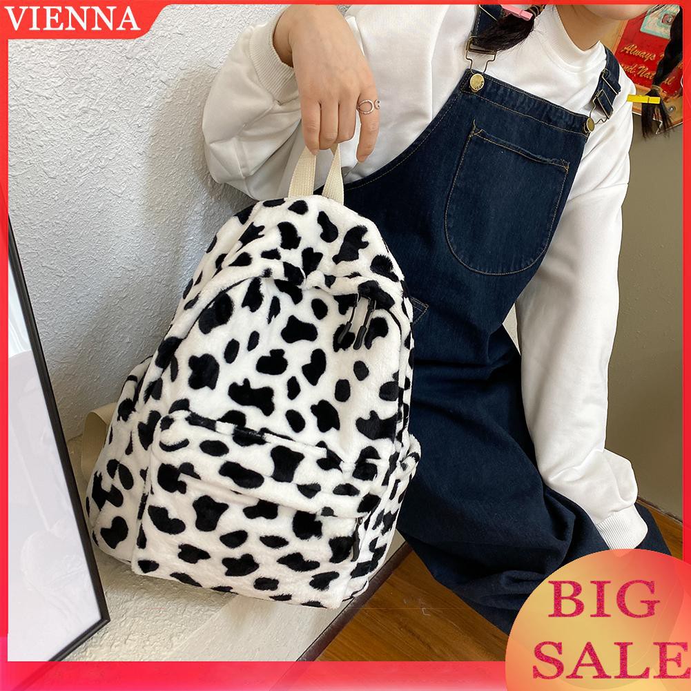 Balo Vải Lông Họa Tiết Bò Sữa Xinh Xắn Dành Cho Nữ