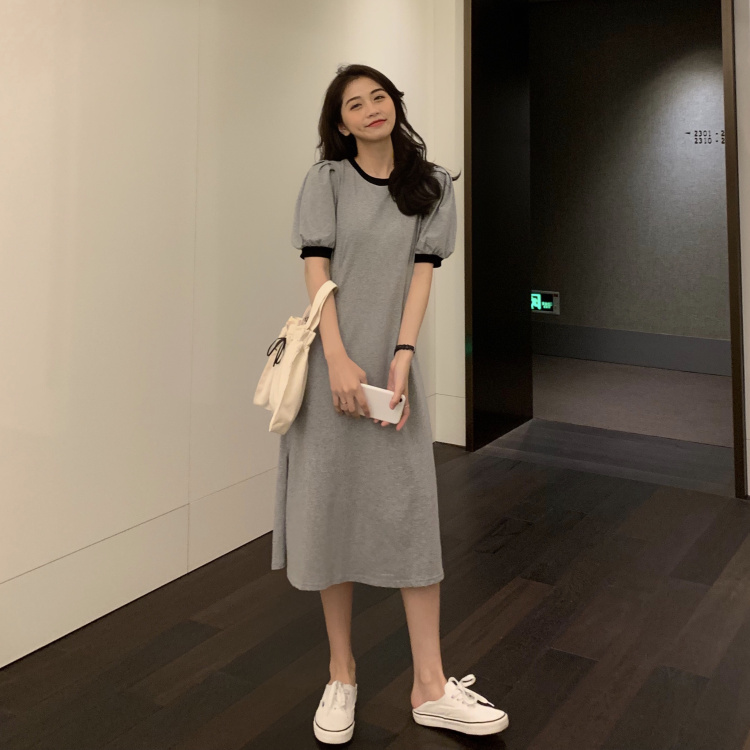 Đầm Tay Ngắn Lưng Cao Màu Trơn Phong Cách Thời Trang 43511