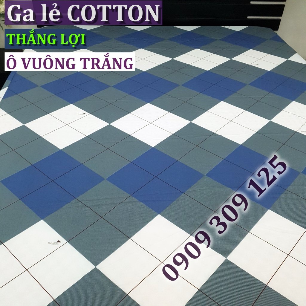 bộ ga Thắng lợi cotton, ga giường IN LOGO (4 món) (mẫu ô xanh xám) ảnh thật