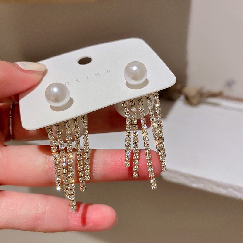 Bông Tai Bạc 925 Đính Hạt Ngọc Trai Và Kim Cương Tua Rua Phong Cách Hàn Quốc Mới Cho Nữ