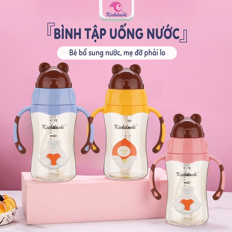 Bình Tập Uống Nước Cho Bé Kichilachi Hình Gấu Tritan 240ml Có Vòi Hút Và Núm Ty Cho Bé Từ 6 Tháng Trở Lên