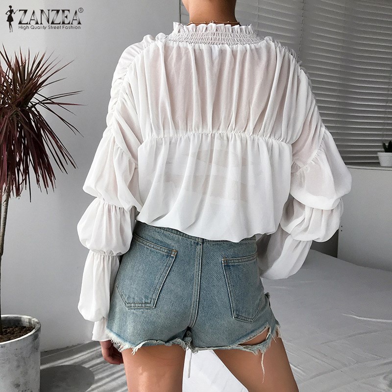 Áo kiểu ZANZEA tay phồng dài xếp ly cổ đứng phối dây rút thời trang cho nữ