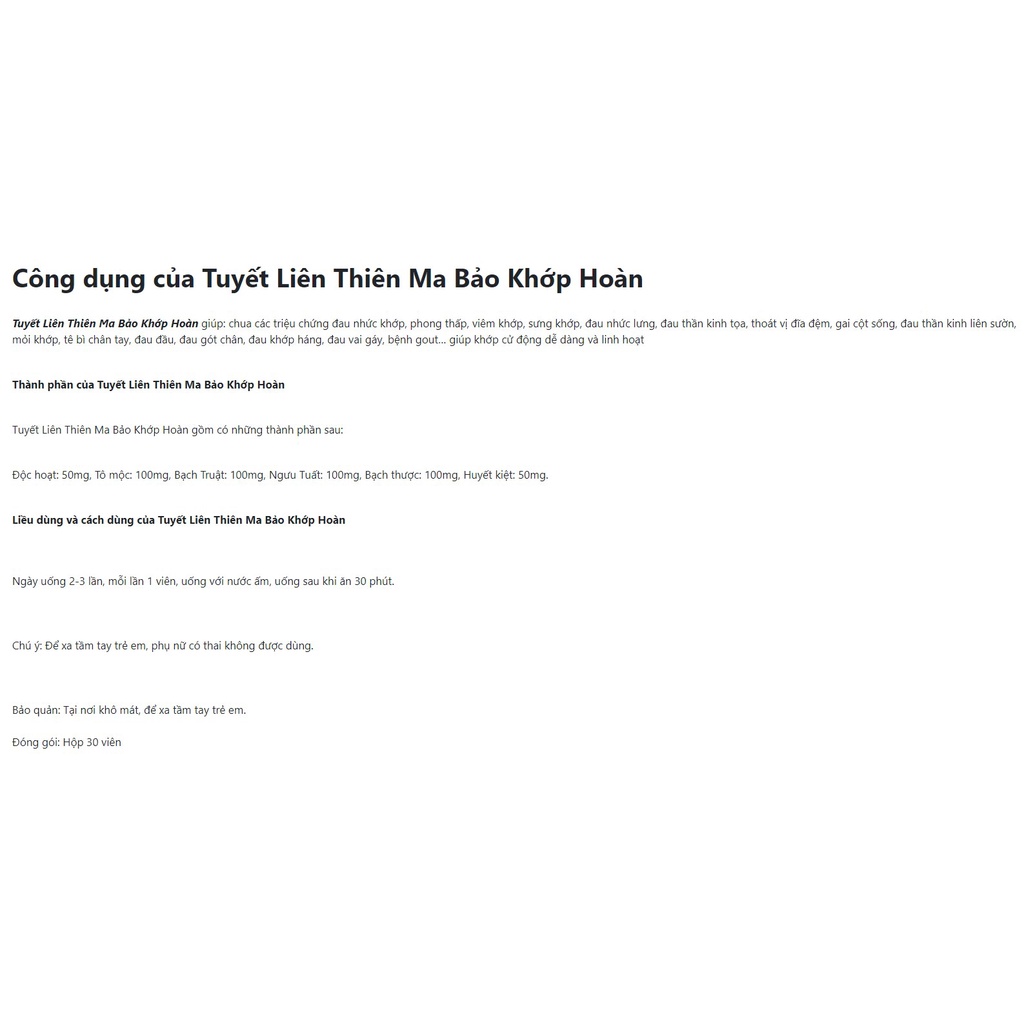 Tuyết Liên Thiên Ma Bảo Khớp Hoàn_DÙNG CHO NGƯỜI BỊ THOÁI HÓA, ĐAU NHỨC MỎI XƯƠNG KHỚP.