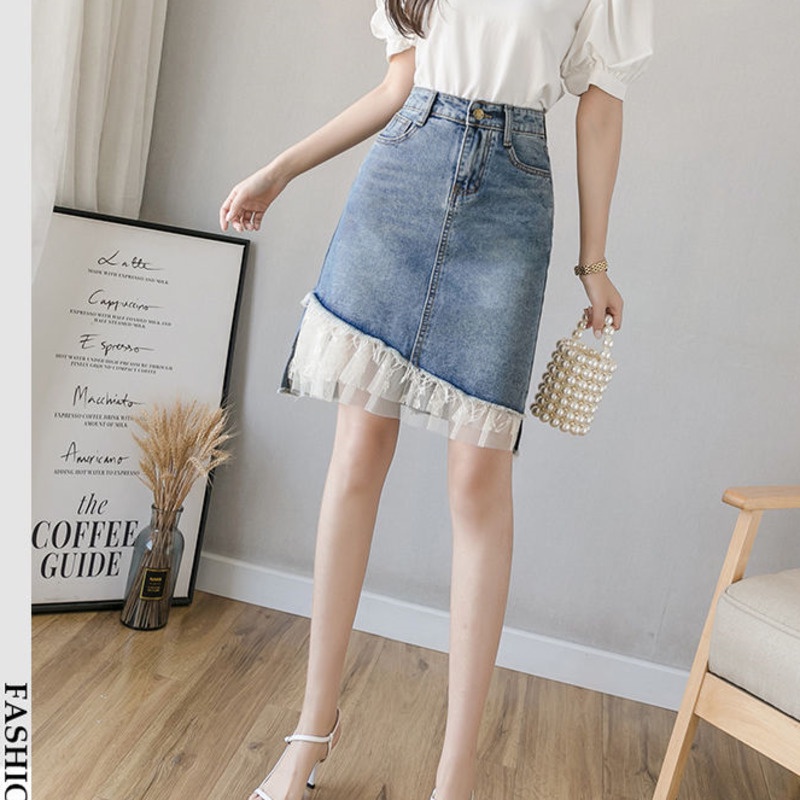 Chân Váy Denim Chữ a Lưng Cao Phối Ren Phong Cách Hàn Quốc Dễ Phối Đồ Thời Trang Cho Nữ