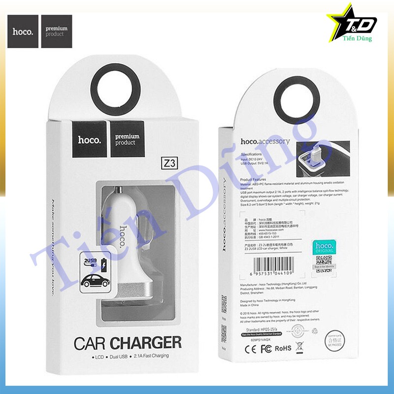 Tẩu sạc trên xe ô tô Hoco Z3 có 2 cổng USB dòng ra 3.1A màn LED hiển thị dòng và công xuất