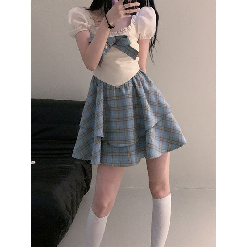 Đầm Dáng Chữ A Họa Tiết Sọc Caro Phối Nơ Ngọt Ngào Thời Trang Mùa Hè Phong Cách Hàn Quốc Mới Cho Nữ