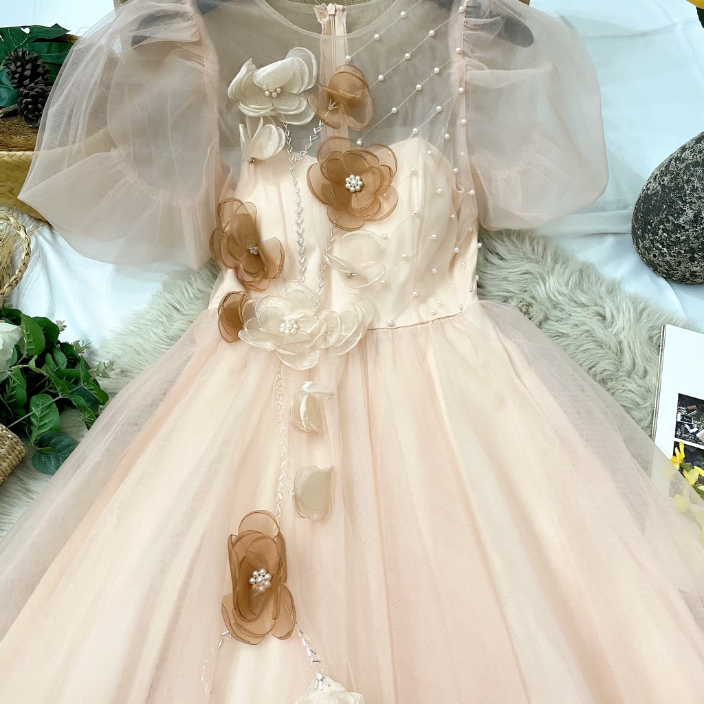 Đầm tiệc nữ tay phồng đính hoa 3d lưới 3 lớp cao cấp bigsize bánh bèo công chúa dành cho người béo 55-90kg