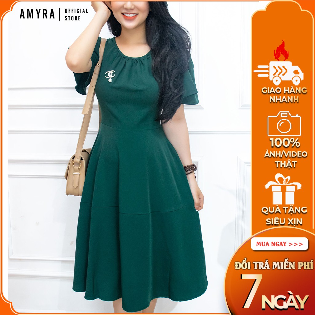 Đầm thiết kế công sở dự tiệc trung niên dáng xòe họa tiết xanh trơn - AMYRA Da047