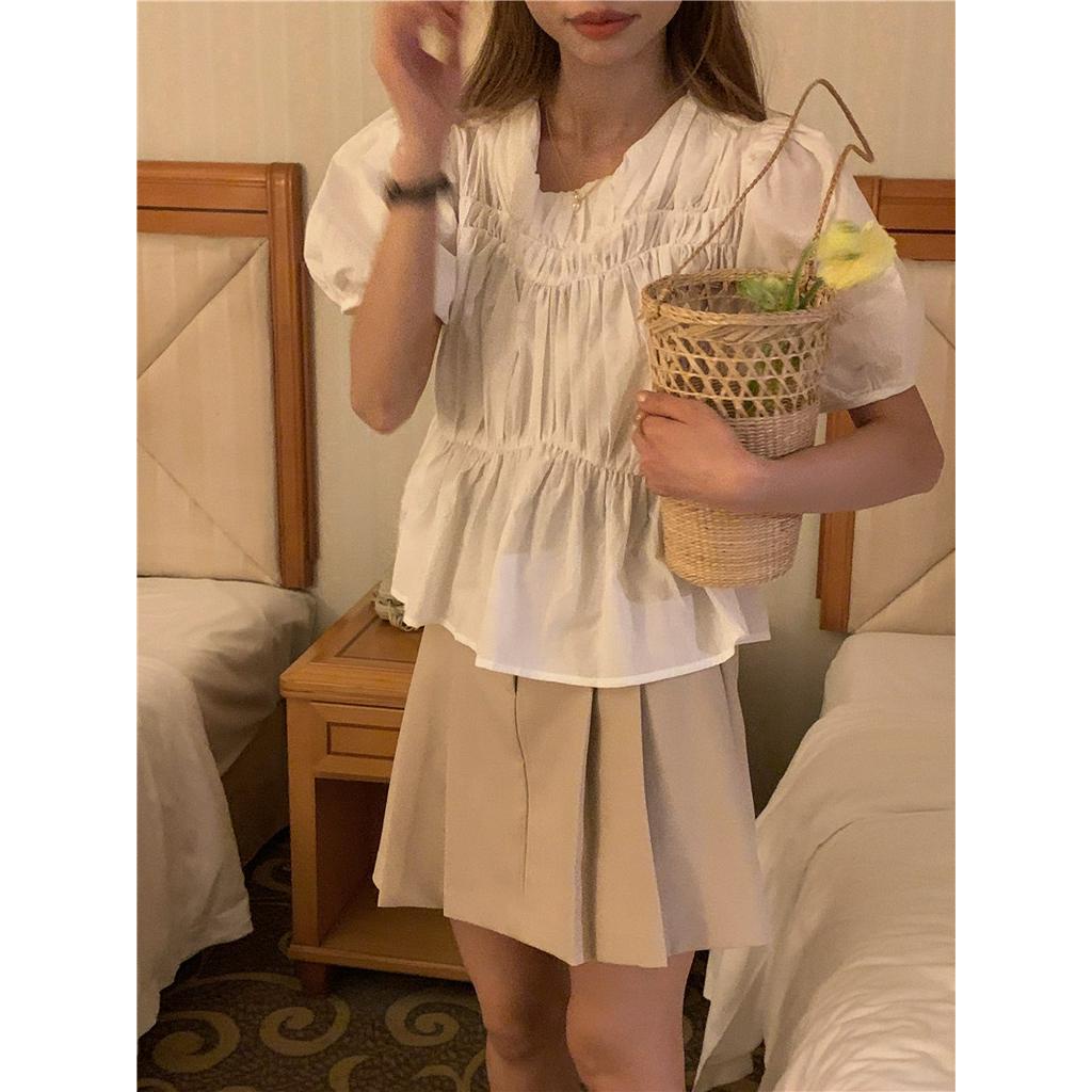 Áo Kiểu Tay Phồng Cổ Tròn Xếp Ly 2 Màu Phong Cách Pháp 62621