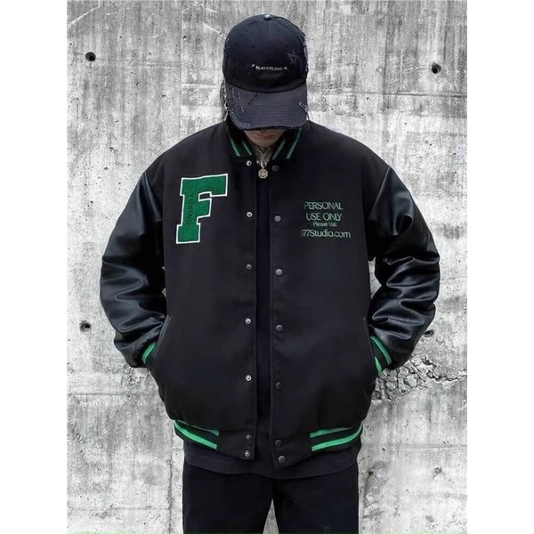 Áo khoác nỉ thêu F tay da HD6