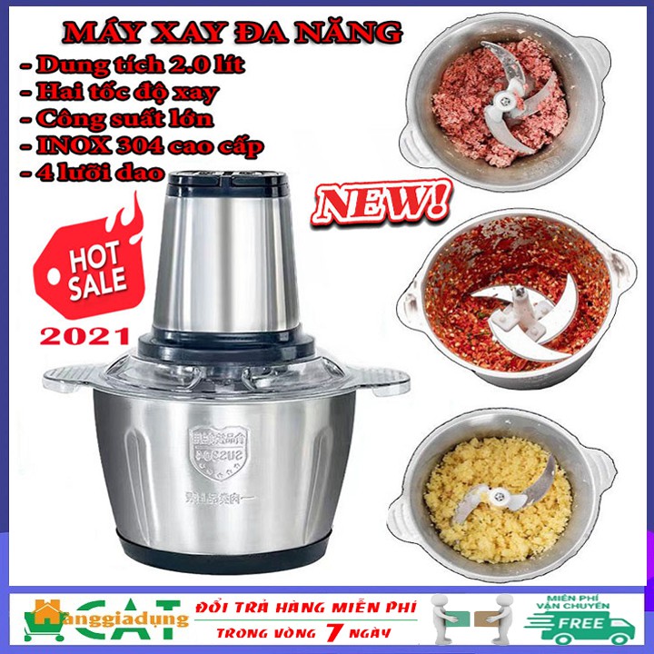 [Loại tốt] Máy xay thịt, máy xay cầm tay đa năng 2 lít công suất lớn cối inox 304 cao cấp