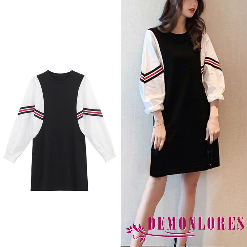 Đầm ngắn cổ tròn tay dài phối màu tương phản thời trang cho nữ