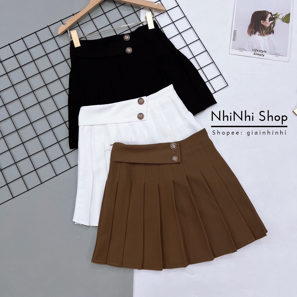 Xả hàng - Chân váy xếp ly khuy đồng, Chân váy dáng A xòe cạp cao CV801 - NhiNhi Shop