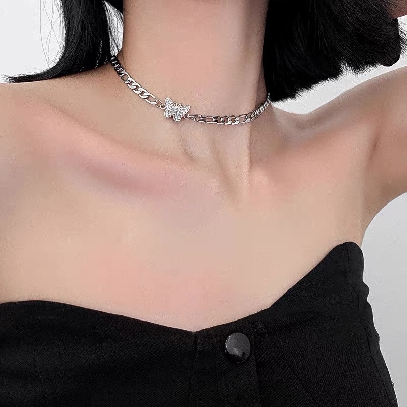 【JIHE】Vòng cổ Choker Mặt Hình Bướm Đính Đá Đơn Giản Thời Trang