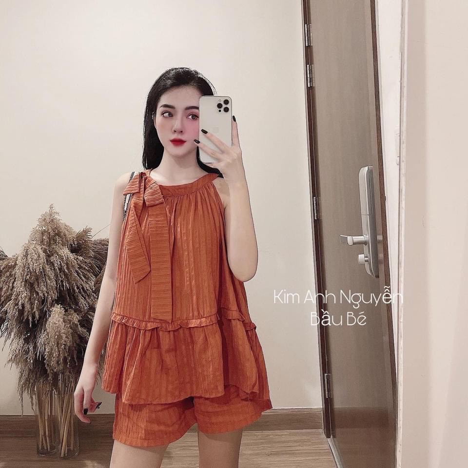 Set Yếm Nơ Vai Màu Cam Mix Quần Sooc