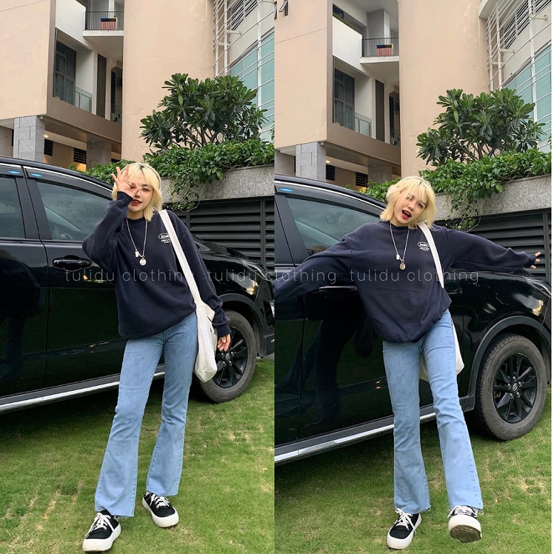 Quần Jean Ống Loe Lưng Cao Co Giãn Hàng Cao Cấp  [ẢNH THẬT] Quần Bò Ống Loe Rách Gấu Nữ