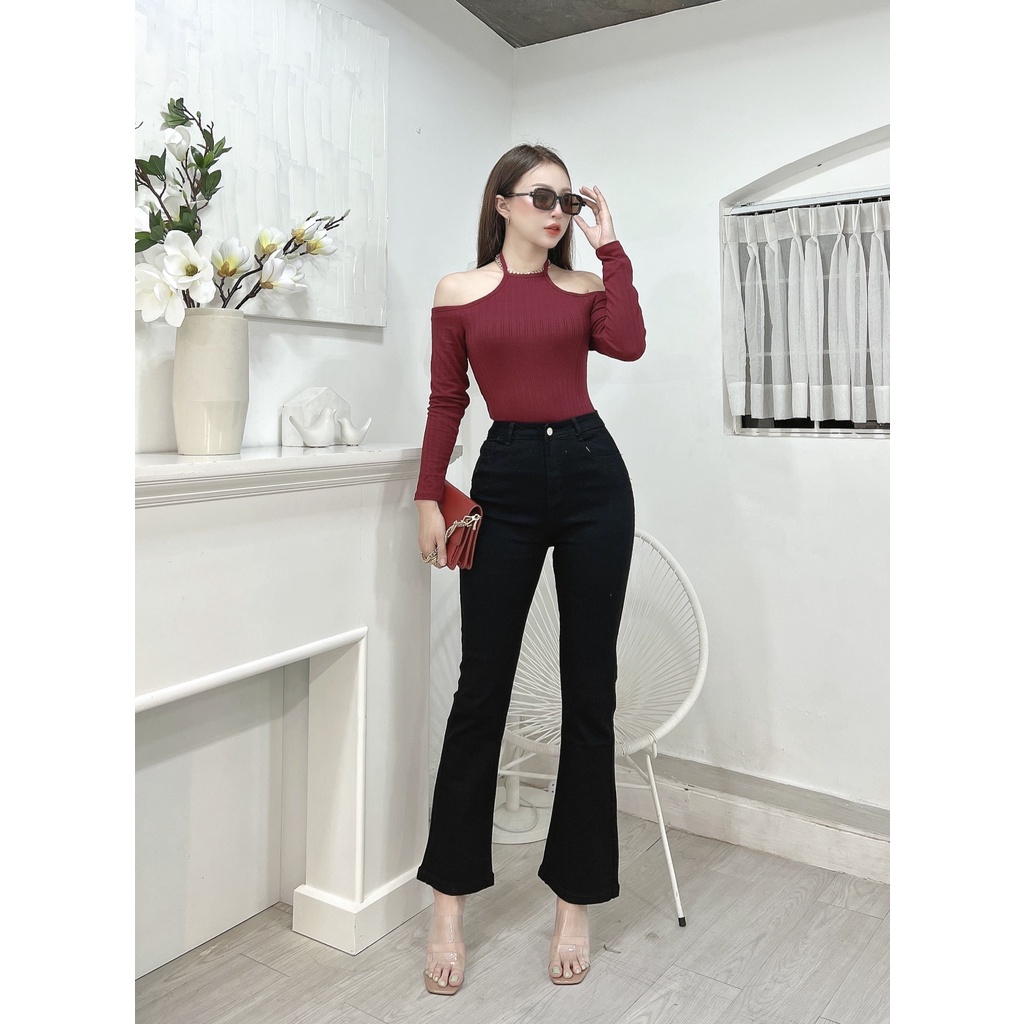 Áo thun cổ yếm trễ vai nữ CRAZYTEEN tay dài sang trọng AT0318