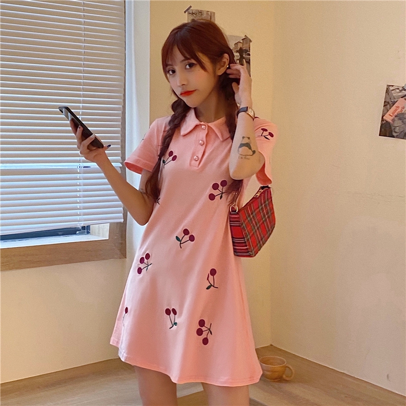 SUXI New Korean Embroidery Cherry Short Sleeve Women Polo Collar Shirt Dress