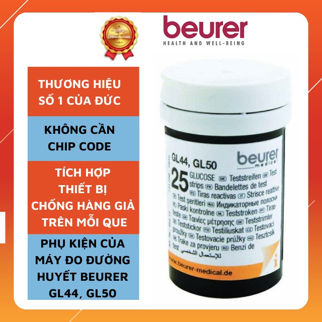 Que thử đường huyết Beurer GL50, 25 que/ hộp, không cần chip code, tích hợp chống hàng giả trong mỗi que