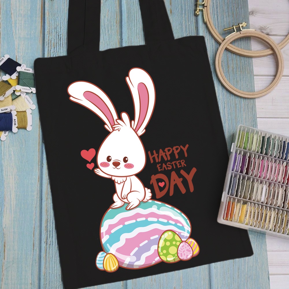 Túi vải, túi Tote (màu đen) RABBIT - Mẫu 3 vải canvas dày đẹp cho nữ có khóa miệng đi học đi chơi.