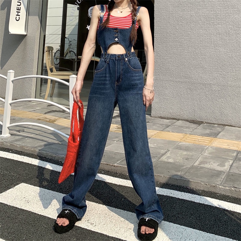 Retro chic suspender jeans women's spring 2022 New loose slimming straight wide leg pants ins trendy 7uXJ