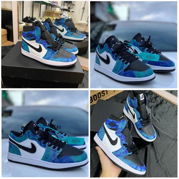 Giày thể thao Jordan cổ cao cổ thấp xanh loang nước biển, giày sneaker JD1 Tie Dye cao thấp cổ nam nữ 2021