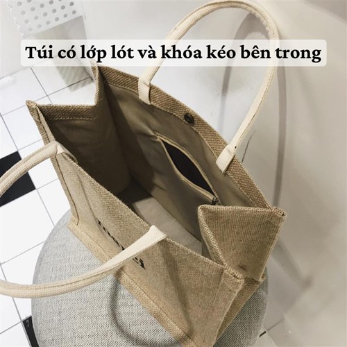 Túi cói 👜 Túi đi biển Merci phong cách vintage đựng đồ đi chơi du lịch dày dặn có lót và khóa kéo bên trong