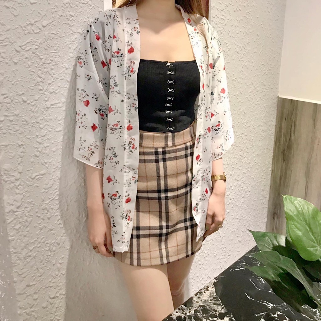 Áo khóac kimono vải voan hoa đỏ