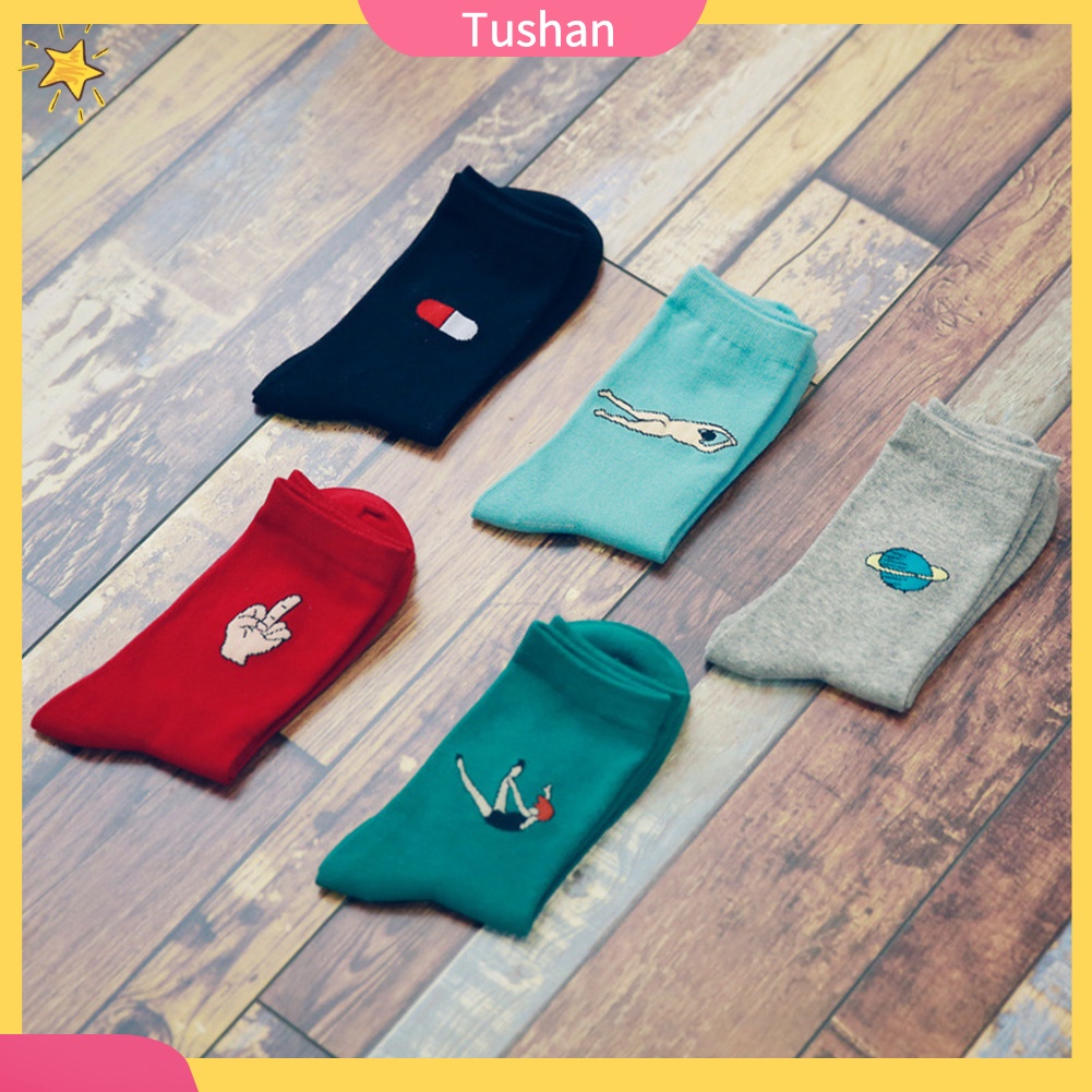 TUSH Autumn Winter Funny Cartoon Solid Color Elastic Cotton Middle Tube Crew Socks