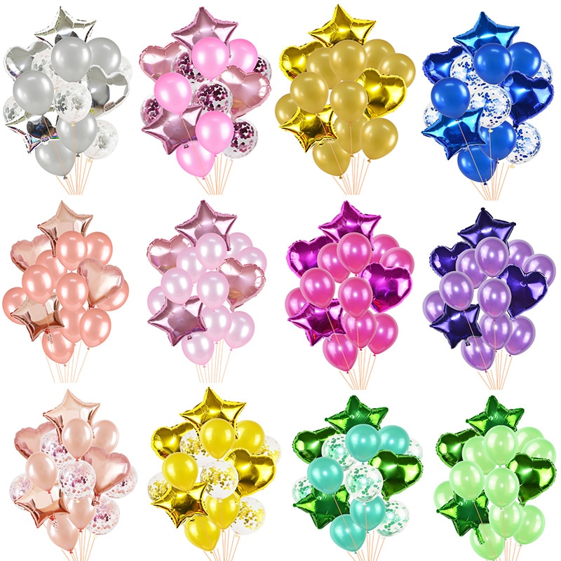 Set 14 bong bóng latex hình ngôi sao/trái tim 18inch/12inch trang trí tiệc cưới/sinh nhật