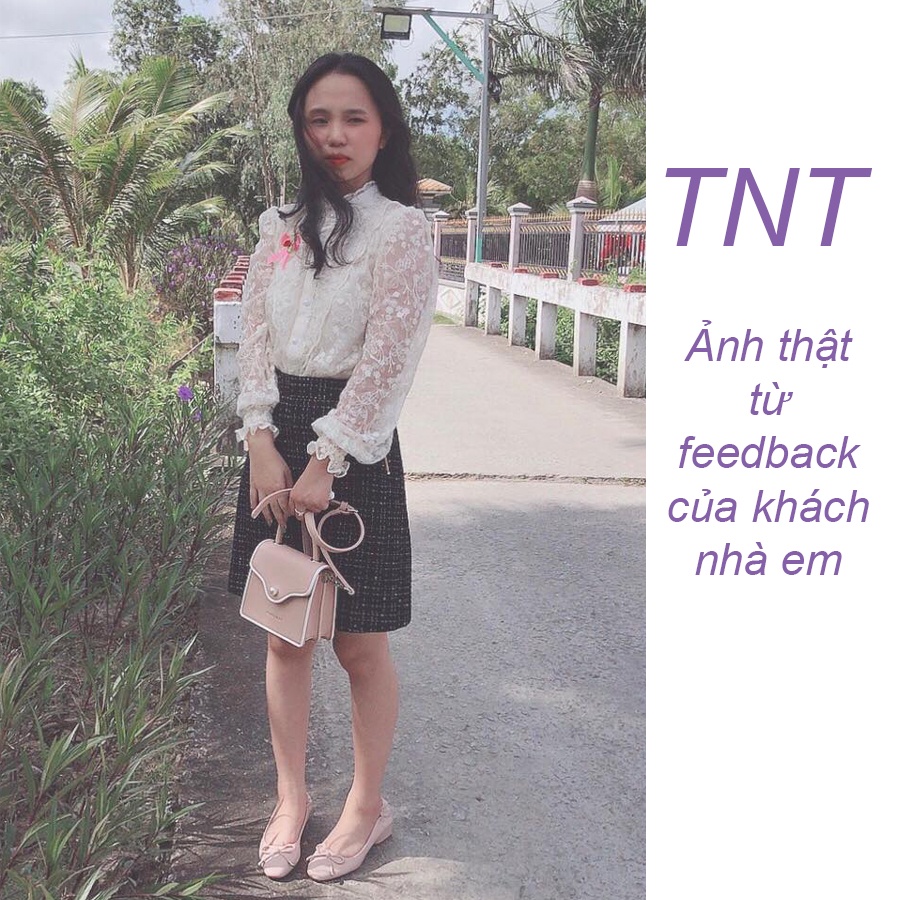 Áo sơ mi nữ ren bèo ngực dài tay đẹp hai lớp dáng suông cổ tròn trắng be đi làm đi chơi TNT