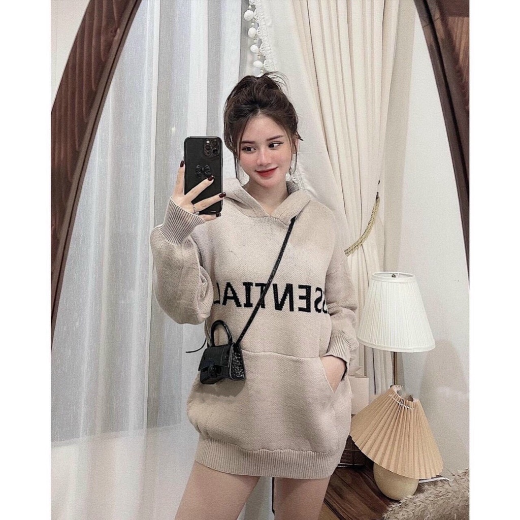 Áo len nữ dài tay hoodie Quảng Châu màu be thiết kế có mũ dáng rộng thụng trùm mông phong cách cá tính trẻ trung