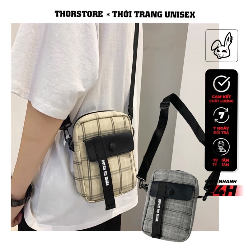 Túi chéo unisex,hoạ tiết caro in chữ More