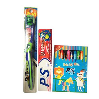 Bộ đôi bàn chải và kem đánh răng PS Bé Ngoan tặng kèm hộp bút màu- Chính Hãng