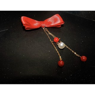 [Mã HYLY10 giảm 10K đơn 20K] Kẹp tóc lụa đỏ kèm sợi hạt ngọc handmade
