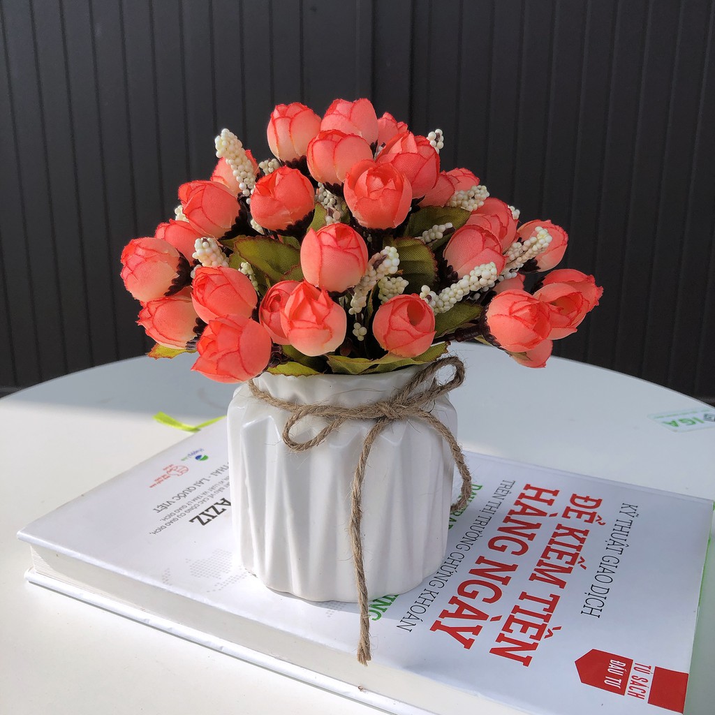 Hoa giả cắm sẵn 🌼 Chậu HOA HỒNG TRÀ BI cực dễ thương 🍀 Hoa giả decor để bàn hoadecormenmen