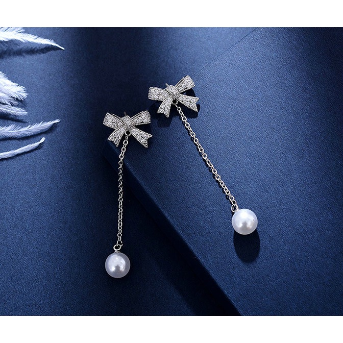 Bông tai nơ ngọc trắng dài xinh xắn cho nữ