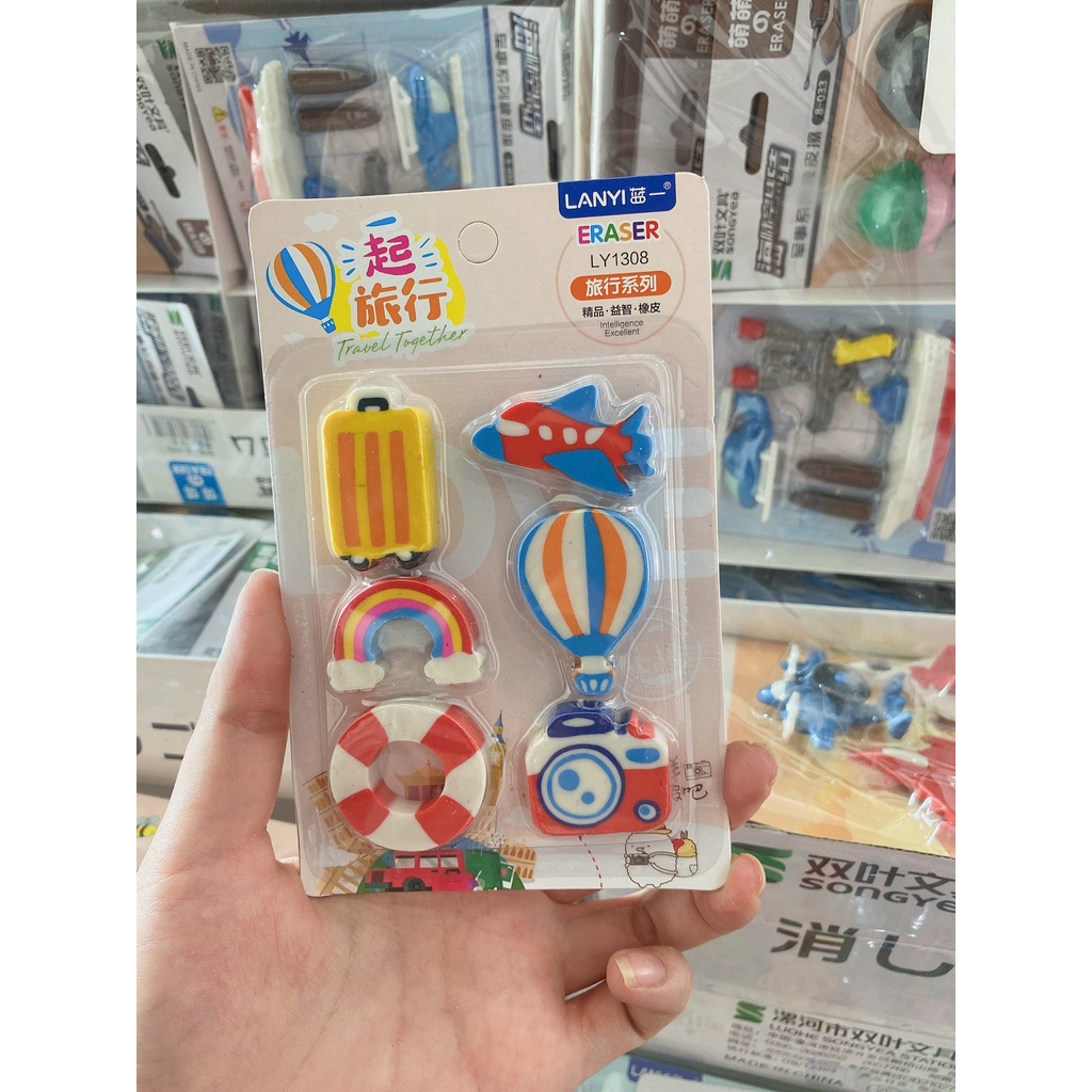 Vỉ 6 cục tẩy bút chì hình đồ chơi, đồ ăn, gôm tẩy nhiều hình ngộ nghĩnh hình thù độc đáo 【VỈ 6 TẨY CHÌ HÌNH THÚ】
