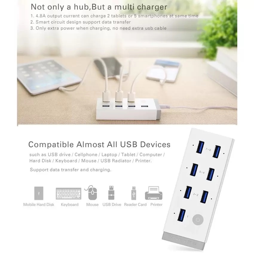 Bộ chia USB 7 Cổng USB 3.0 Ugreen 20296 (Có công Tắc và Nguồn 12V 2A) - Hàng Chính Hãng