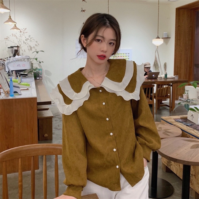 Áo sơmi nữ cổ bèo viền ren nữ tính vải cao cấp dày phù hợp đầu thu đông❤️ | BigBuy360 - bigbuy360.vn